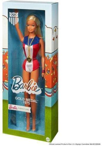 Barbie 1975 Gold Medal Doll Reproduction, Wearing Olympics-Themed One-Piece and Gold Medal Accessory. with Doll Stand and Certificate of Authenticity, Gift for Collectors in Saudi Arabia