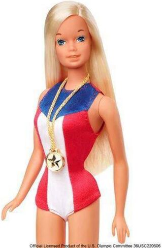 Barbie 1975 Gold Medal Doll Reproduction, Wearing Olympics-Themed One-Piece and Gold Medal Accessory. with Doll Stand and Certificate of Authenticity, Gift for Collectors in Saudi Arabia