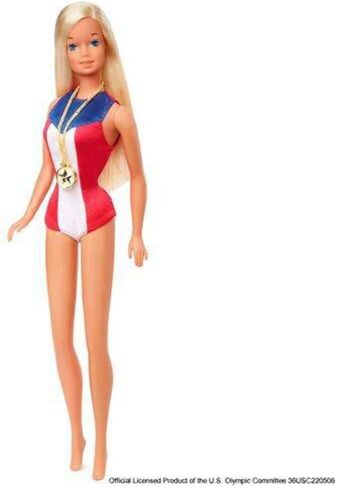 Barbie 1975 Gold Medal Doll Reproduction, Wearing Olympics-Themed One-Piece and Gold Medal Accessory. with Doll Stand and Certificate of Authenticity, Gift for Collectors in Saudi Arabia