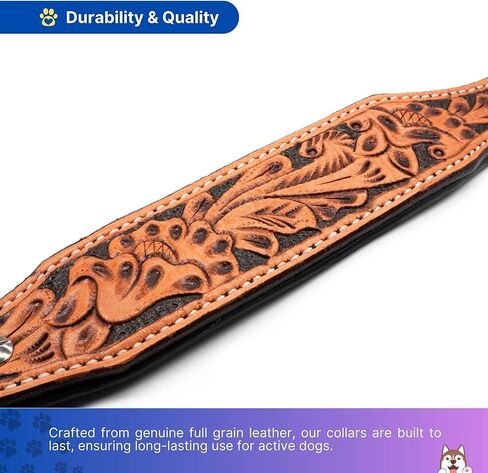 Handcrafted Argentinian Leather Dog Collar with Floral Tooling - Premium Quality in Kuwait