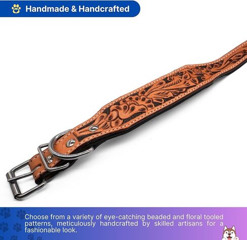 Handcrafted Argentinian Leather Dog Collar with Floral Tooling - Premium Quality in Kuwait