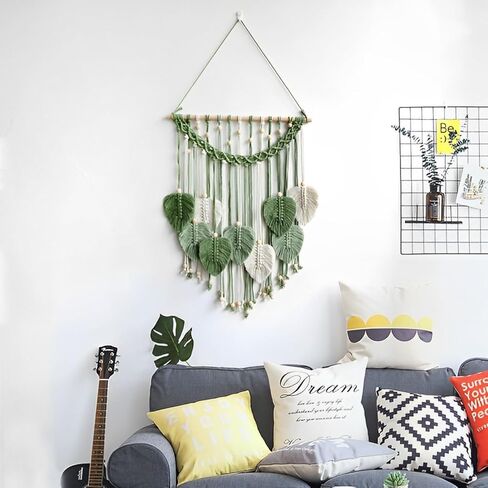 Cutey May Wall Hanging Leaves 19x27 Large Chic Feather Wall Hanging Boho Wall Decor, Handmade Yarn Woven Wall Art Leaf Tapestry for Bedroom, Living Room, Hotel (Green) in Kuwait