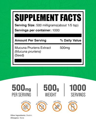 BULKSUPPLEMENTS.COM مستخلص Mucuna Pruriens - المكملات العشبية، مكملات Mucuna Pruriens، مسحوق Mucuna Pruriens - نباتي وخالي من الغلوتين، 500 مجم لكل وجبة، 500 جم (1.1 رطل) in Kuwait