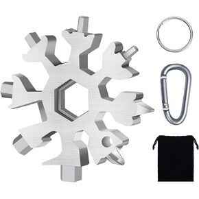 Snowflake Multitool, 5 Pieces 18-in-1 Stainless Steel Snowflake Standard Multitool, Snowflake Tool with Key Ring, Carabiner Clip and Gift Bag (Silver)