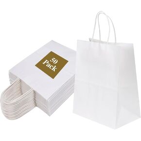 Joybe 200 Pack 8x4.75x10 Inch Medium White Kraft Paper Bags with Handles Bulk, Craft Paper Gift Bags for Party Favors Grocery Retail Shopping Business Goody Merchandise Take Out Blank Sacks (200pcs)