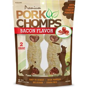 Pork Chomps Dog Chews, 4-inch Crunchy Bones, Bacon Flavor, 2 Count