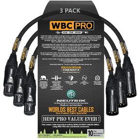 3 Units - 6 Inch - WBC-PRO-QUAD Ultra-Silent Ultra-Flexible Balanced Star-Quad Cable with Neutrik Male & Female XLR Plugs & Black Tweed Jacket