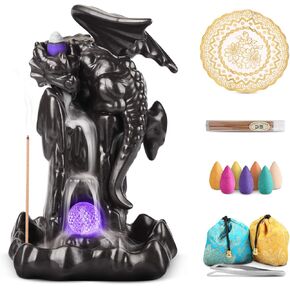 YAJODI Incense Waterfall Burner，Dragon Backflow Incense Burner, Dragon Decor, Statue Decorations, with 60 Incense Cones, 50 Incense Sticks, 1 pad, 1 Tweezers