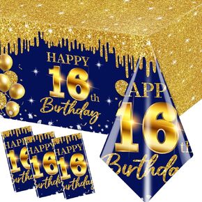 3pcs 16th Birthday Tablecloth Navy Blue and Gold Happy 16th Birthday Decorations for Boy Disposable Plastic Waterproof Table Cover of 16 Years Old Birthday Table Supplies