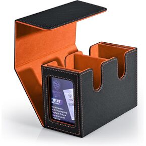 MTG Deck Box with 2 Commander Display, Double Deck Box for 280+ Single Sleeved Cards, Leather Magnetic Card Storage Box Fits for TCG CCG Magic Cards (Black&Orange)