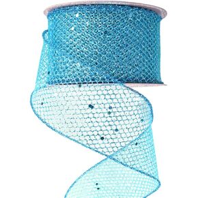 Summer Mesh Ribbon for Bows Making DIY Crafts Blue Glitter Web Wired Edge Ribbon for Wreath Home Party Wedding Decoration Gift Wrapping 2.4"X10 Yard