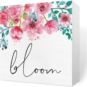 Happy Spring Floral Desk Decor Rustic Home Office Desk Art Blocks Decorations Cute Wood Box Sign Farmhouse Cubicle Shelf Tabletop Room Decor 5 X 5 Inch