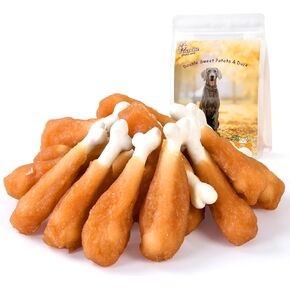 Pawmate Dog Treats Chicken Wrapped Donuts Ring، مضغ يدوم طويلاً، وجبات خفيفة خالية من الحبوب مع توراين للكلاب المتوسطة والكبيرة، 4 قطع