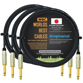 WORLDS BEST CABLES 3 Units - 6 Foot - Pedal, Effects, Patch, Instrument Cable Custom Made Using Mogami 2319 Wire & Amphenol ACPM-GN-AU M-Series Straight Gold TS Plugs