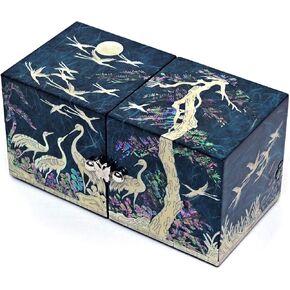 MADDesign Mother of Pearl Twin Cubes Lacquered Jewelry Box Crane Pine Tree Red