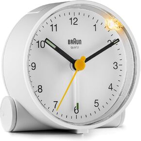 Braun Classic Analogue Alarm Clock with Snooze and Light, Quiet Quartz Movement, Crescendo Beep Alarm in White, Model BC01W.
