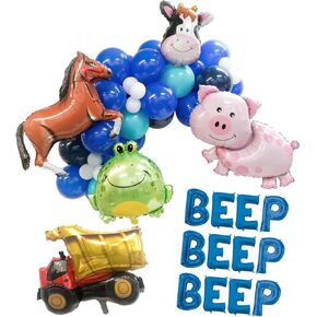 Beep Beep Beep Blue Letters Balloon Banner, Little Truck Birthday Decorations, Pig Toad Cow 1st Birthday Party Decorations