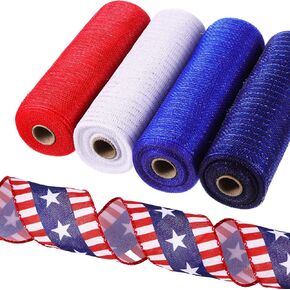 5 Rolls 4th of July Patriotic 30 Feet Each Roll Red White and Blue Poly Burlap Mesh with Ribbon Stripe 10 Inches for Veterans Day Party Decor Gift Wrapping DIY Crafts (Flag Style)