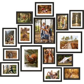 Fixwal Picture Frames, 15 Pack Wall Frame Set with Mat for Multiple Sizes Photos, Three 8x10, Six 5x7, Six 4x6 for Wall Gallery Decor, Hanging or Tabletop Display, Black