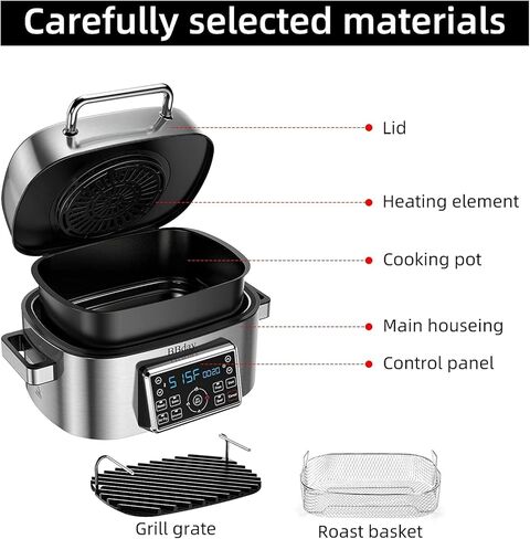 مجموعة شواية كهربائية داخلية 10 في 1، مع مقلاة هوائية سعة 6.5 كيو تي، تحميص، خبز وتجفيف، 1660 وات، من الفولاذ المقاوم للصدأ in Kuwait