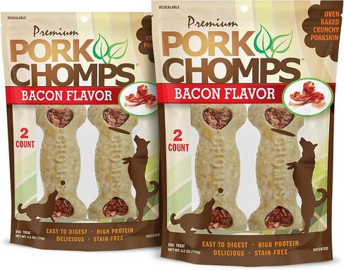 Pork Chomps Dog Chews, 4-inch Crunchy Bones, Bacon Flavor, 2 Count in Kuwait