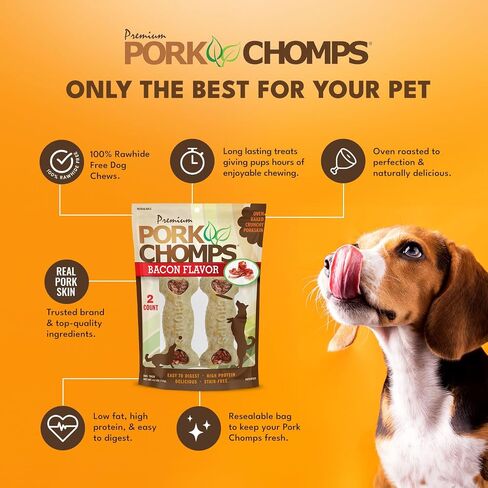 Pork Chomps Dog Chews, 4-inch Crunchy Bones, Bacon Flavor, 2 Count in Kuwait