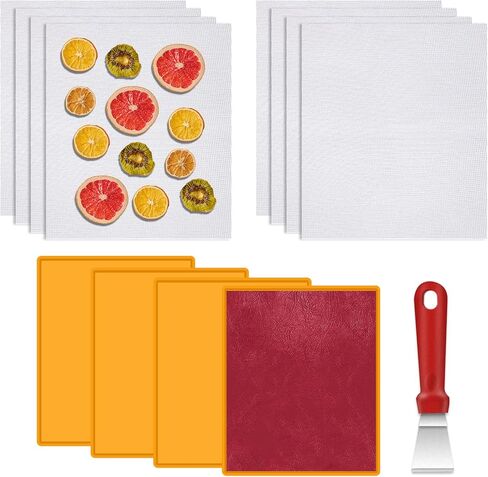 4 قطع من سجادات تجفيف السيليكون مع حافة و8 قطع من شبكة تجفيف السيليكون مع ملعقة مجانية - متوافقة مع Cosori CP267-FD، بطانة مربعة قابلة لإعادة الاستخدام لتجفيف الطعام لبيض اللحوم والفواكه (أحمر) in Kuwait