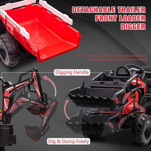 GAOMON 3 in 1 Kids Ride on Tractor, Excavator & Bulldozer, 24V Electric Vehicles w/Trailer, Shovel Bucket, Digger, Remote Control, EVA Tires, LED Lights, Kids Ride on Toys Car, Red in Saudi Arabia