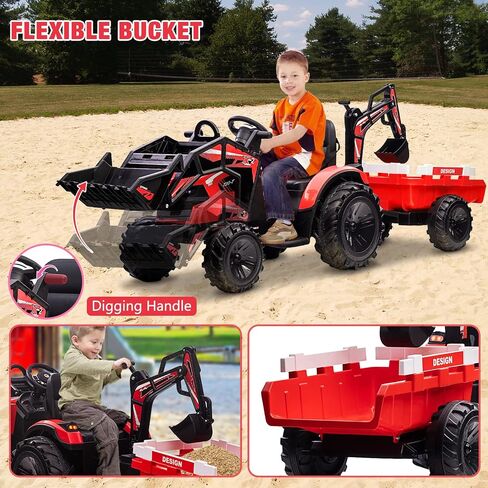 GAOMON 3 in 1 Kids Ride on Tractor, Excavator & Bulldozer, 24V Electric Vehicles w/Trailer, Shovel Bucket, Digger, Remote Control, EVA Tires, LED Lights, Kids Ride on Toys Car, Red in Saudi Arabia