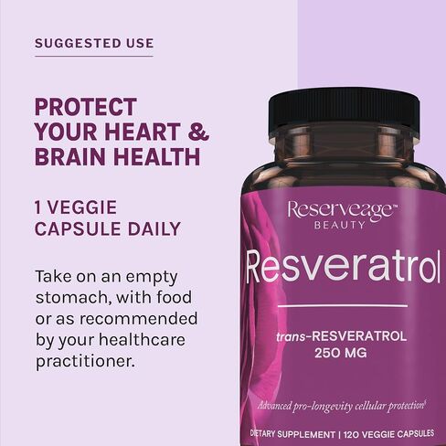 Reserveage Beauty, ريسفيراترول 250 ملغ، مكمل مضاد للأكسدة لصحة القلب والخلوية، يدعم الشيخوخة الصحية والجهاز المناعي، باليو، كيتو، 30 كبسولة in Kuwait