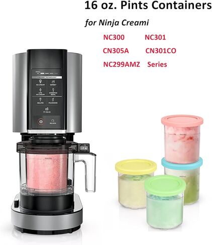 فيرجوي 16 أونصة. حاويات | مكاييل وأغطية بديلة إضافية - متوافقة مع سلسلة Ninja Creami NC301 NC300 NC299AMZ فقط (4 عبوات - أرجواني، وردي، أخضر، أصفر) in Kuwait
