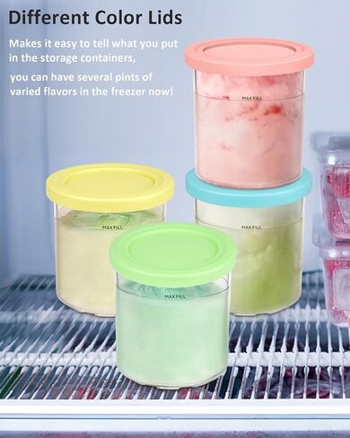 فيرجوي 16 أونصة. حاويات | مكاييل وأغطية بديلة إضافية - متوافقة مع سلسلة Ninja Creami NC301 NC300 NC299AMZ فقط (4 عبوات - أرجواني، وردي، أخضر، أصفر) in Kuwait