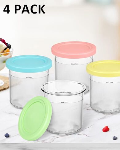 فيرجوي 16 أونصة. حاويات | مكاييل وأغطية بديلة إضافية - متوافقة مع سلسلة Ninja Creami NC301 NC300 NC299AMZ فقط (4 عبوات - أرجواني، وردي، أخضر، أصفر) in Kuwait