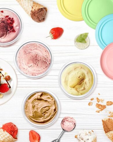 فيرجوي 16 أونصة. حاويات | مكاييل وأغطية بديلة إضافية - متوافقة مع سلسلة Ninja Creami NC301 NC300 NC299AMZ فقط (4 عبوات - أرجواني، وردي، أخضر، أصفر) in Kuwait