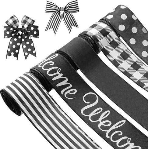 Farmhouse Ribbon Spring Wired Ribbon 2.5" Wide 25 Yds Black and White Striped Checkered Polka dot Solid Rustic Wired Ribbon for Wreaths Crafts Bows Making Wedding Decoration Gift Wrapping in Saudi Arabia
