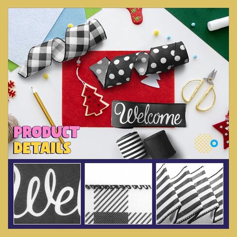 Farmhouse Ribbon Spring Wired Ribbon 2.5" Wide 25 Yds Black and White Striped Checkered Polka dot Solid Rustic Wired Ribbon for Wreaths Crafts Bows Making Wedding Decoration Gift Wrapping in Saudi Arabia