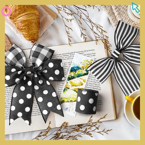Farmhouse Ribbon Spring Wired Ribbon 2.5" Wide 25 Yds Black and White Striped Checkered Polka dot Solid Rustic Wired Ribbon for Wreaths Crafts Bows Making Wedding Decoration Gift Wrapping in Saudi Arabia