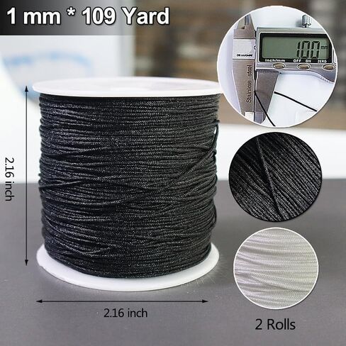 Ewparts سلسلة سوار لصنع السوار أسود + أبيض 2 لفة 1 مم 218 ياردة سلك نايلون أسود لحرف سوار الصداقة المكسيكية، الديكور، القلائد، مكرامية، صناعة المجوهرات 1 مم سلك خشخشة من الساتان in Kuwait