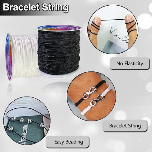 Ewparts سلسلة سوار لصنع السوار أسود + أبيض 2 لفة 1 مم 218 ياردة سلك نايلون أسود لحرف سوار الصداقة المكسيكية، الديكور، القلائد، مكرامية، صناعة المجوهرات 1 مم سلك خشخشة من الساتان in Kuwait