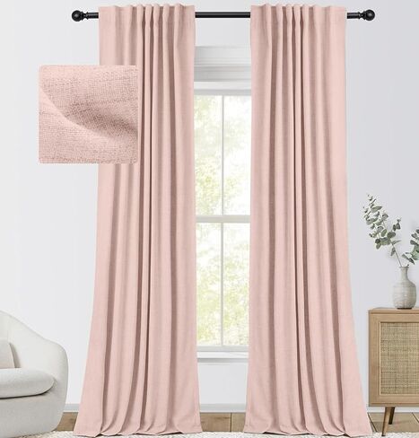 INOVADAY 100% Cream Blackout Curtains 84 Inch Length 2 Panels Set, Back Tab/Rod Pocket Linen Blackout Curtains for Bedroom Thermal Insulated Room Darkening Drapes Black Out Curtains, 52''W x 84''L in Kuwait