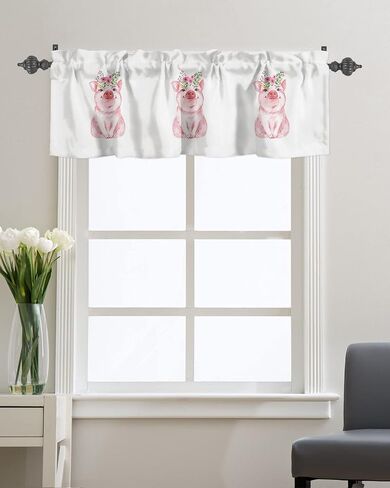 Litter Star Window Valance Rod Pocket Panel for Kitchen Bedroom Windows Farm Cute Pig Valances Short Curtain Bathroom Treatment Drapes Idyllic Pink Flower White in Kuwait