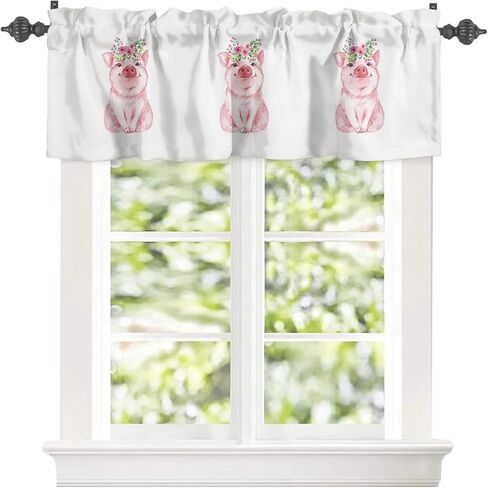 Litter Star Window Valance Rod Pocket Panel for Kitchen Bedroom Windows Farm Cute Pig Valances Short Curtain Bathroom Treatment Drapes Idyllic Pink Flower White in Kuwait