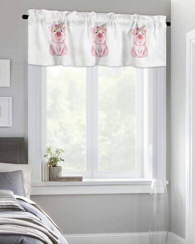 Litter Star Window Valance Rod Pocket Panel for Kitchen Bedroom Windows Farm Cute Pig Valances Short Curtain Bathroom Treatment Drapes Idyllic Pink Flower White in Kuwait