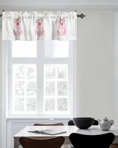 Litter Star Window Valance Rod Pocket Panel for Kitchen Bedroom Windows Farm Cute Pig Valances Short Curtain Bathroom Treatment Drapes Idyllic Pink Flower White in Kuwait