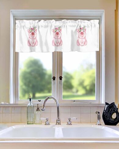 Litter Star Window Valance Rod Pocket Panel for Kitchen Bedroom Windows Farm Cute Pig Valances Short Curtain Bathroom Treatment Drapes Idyllic Pink Flower White in Kuwait