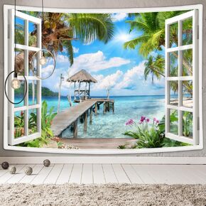 Tropical Ocean Sunset Sea Landscape Tapestry Wall Hanging Decoration, Purple Clouds and Gloden Sunshine, Wall Tapestry for Dorm Living Room Bedroom, Wall Blanket Wall Decor Wall Art Home Decor 90X70