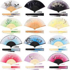 Jetec 12 Pieces Floral Folding Hand Fans Chinese Style Bamboo Folding Fan Vintage Pattern Hand Fan Handheld Fabric Folding Fan with Tassel Women's Hollowed Bamboo Hand Holding Fan for Wedding Party