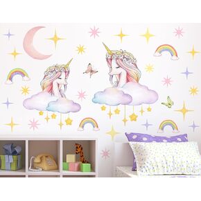 2 Sheets Watercolor Rainbow Wall Decals Removable DIY Pink Princess of Elf Wall Decals Peel and Stick Stars Clouds Wall Decals for Kids Nursery Bedroom Living Room Decoration