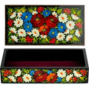 UA Creations Petrykiv Ethnic Rectangular Wooden Lacquer Jewelry Box with Lid, Hand Painted Flowers on Black (red and yellow)