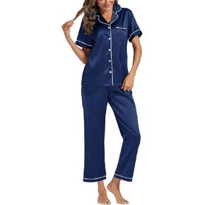 Umenlele Women's Satin Pajamas Short Sleeve Loungewear and Long Pant Two Piece Sleepwear Button-Down Pj Set